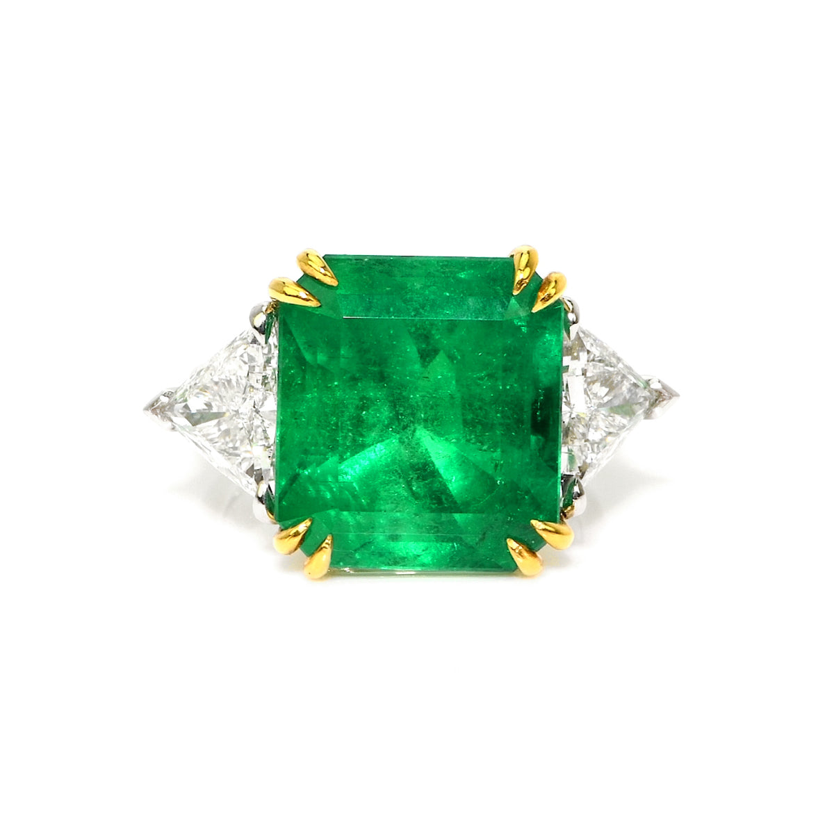GRS & GIA Certified 14.39 CTW Colombian Emerald and Triangular Diamond Three-Stone Ring in 18K Two-Tone Gold