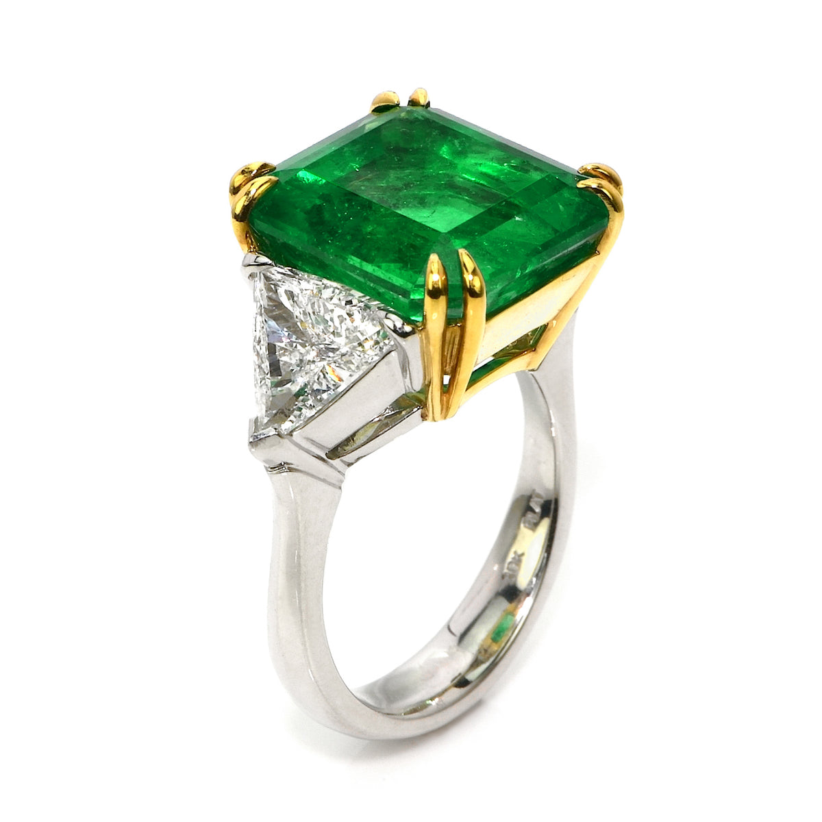 GRS & GIA Certified 14.39 CTW Colombian Emerald and Triangular Diamond Three-Stone Ring in 18K Two-Tone Gold