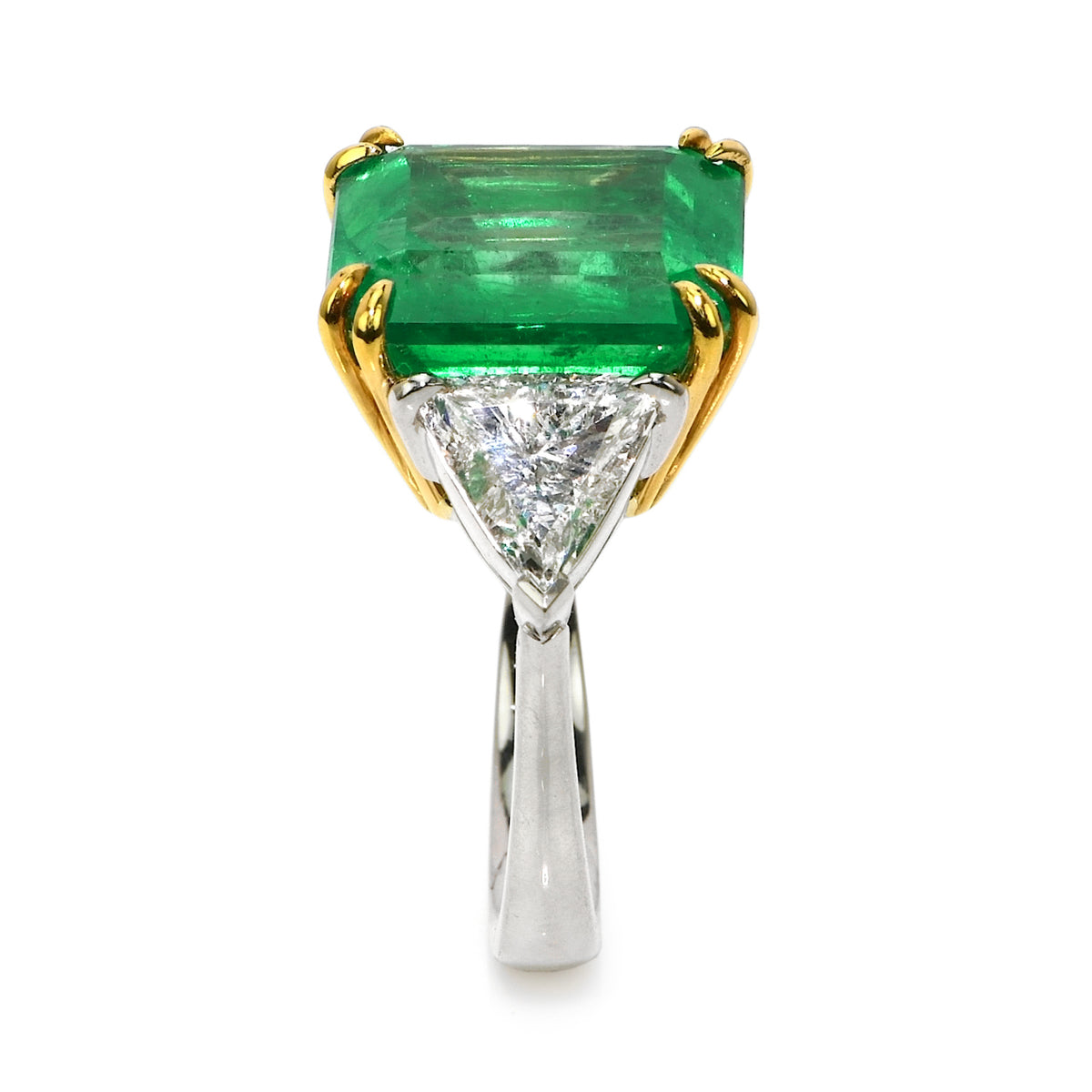 GRS & GIA Certified 14.39 CTW Colombian Emerald and Triangular Diamond Three-Stone Ring in 18K Two-Tone Gold