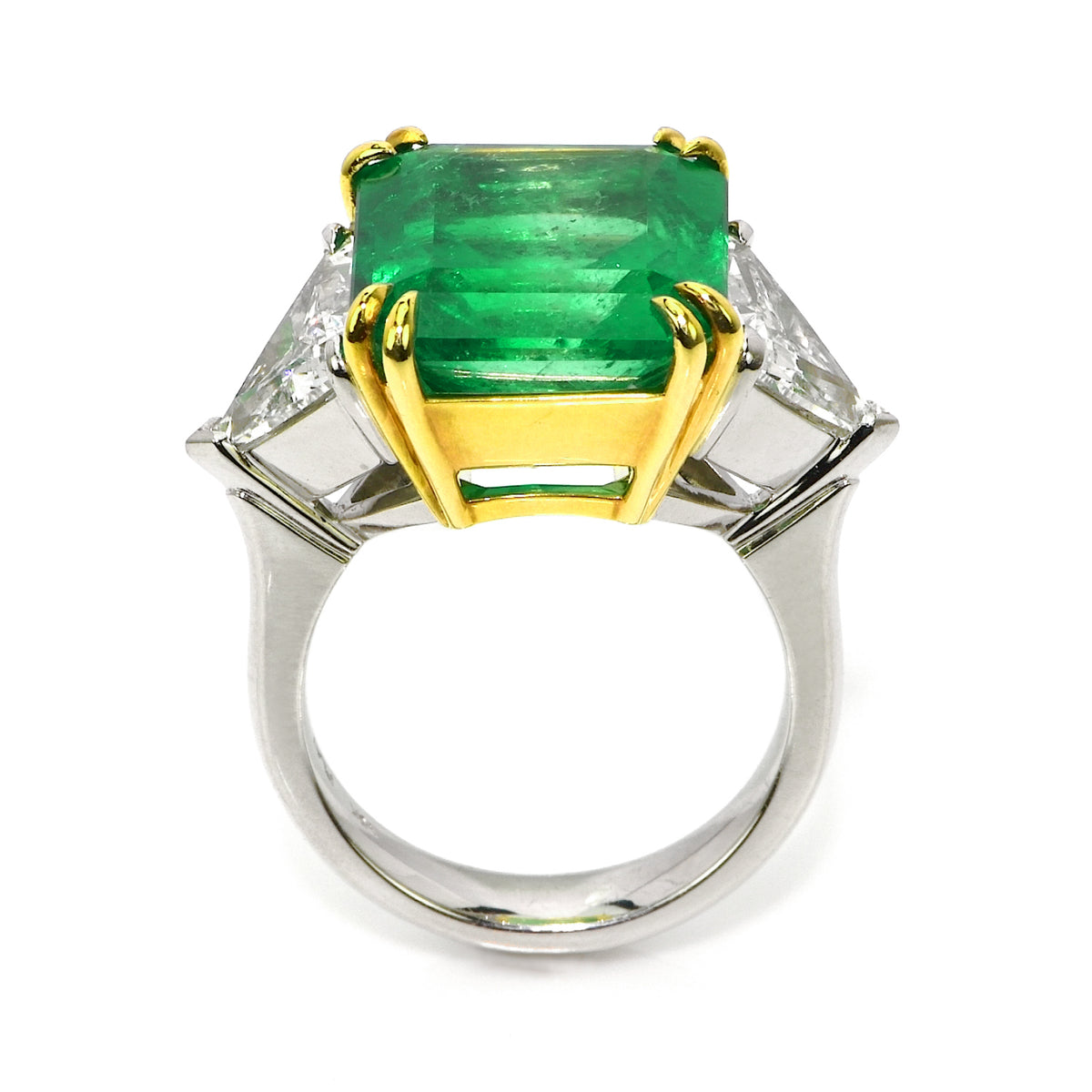 GRS & GIA Certified 14.39 CTW Colombian Emerald and Triangular Diamond Three-Stone Ring in 18K Two-Tone Gold