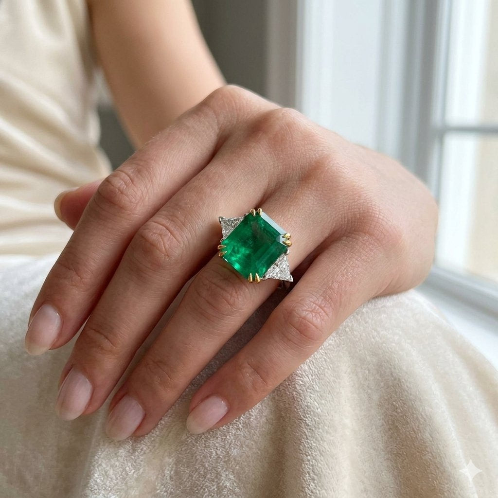 GRS & GIA Certified 14.39 CTW Colombian Emerald and Triangular Diamond Three-Stone Ring in 18K Two-Tone Gold