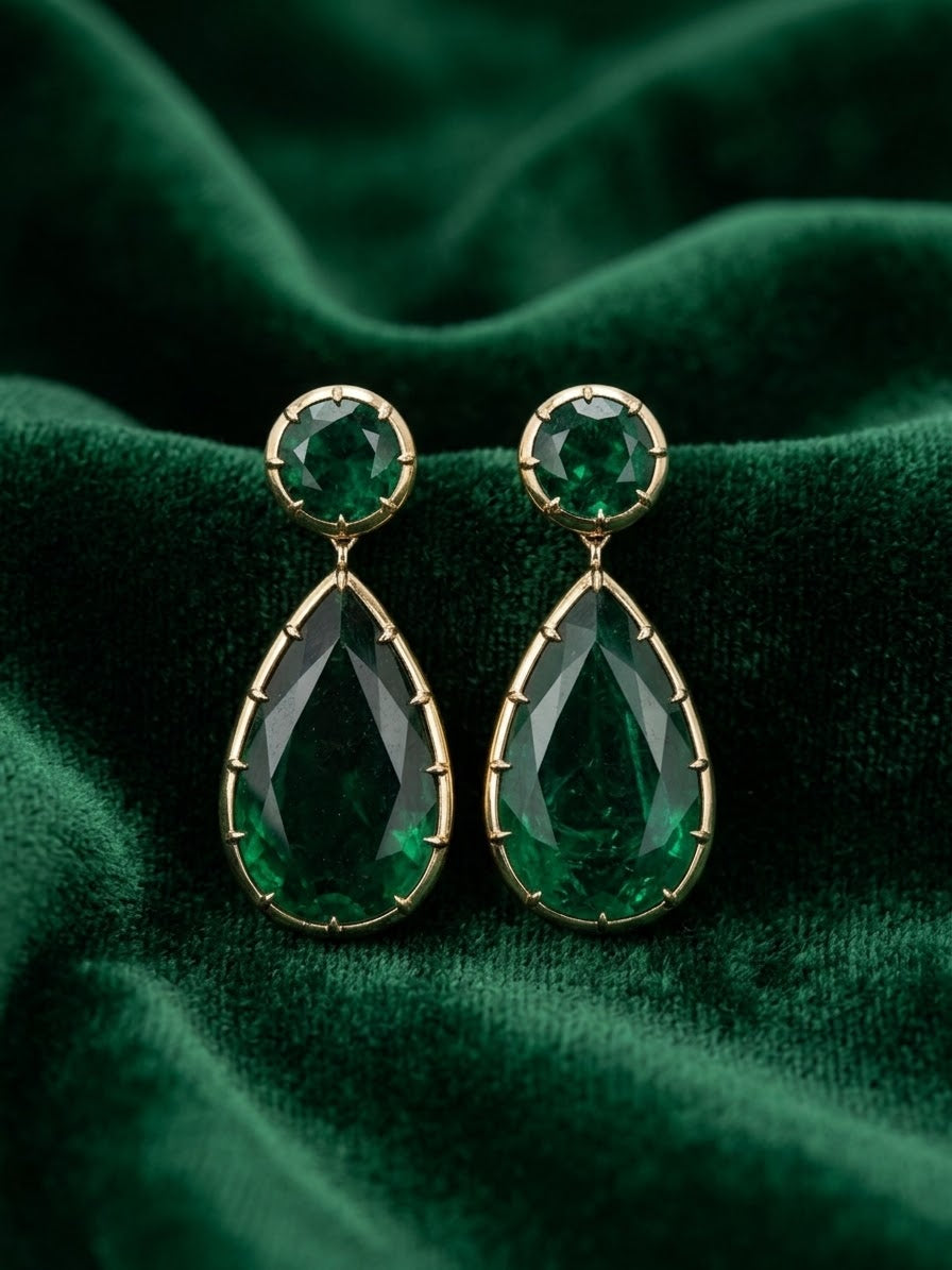 GRS & C. Dunaigre Certified 38.16 CTW Vivid Green Zambian Emerald Detachable Drop Earrings in 18K Yellow Gold