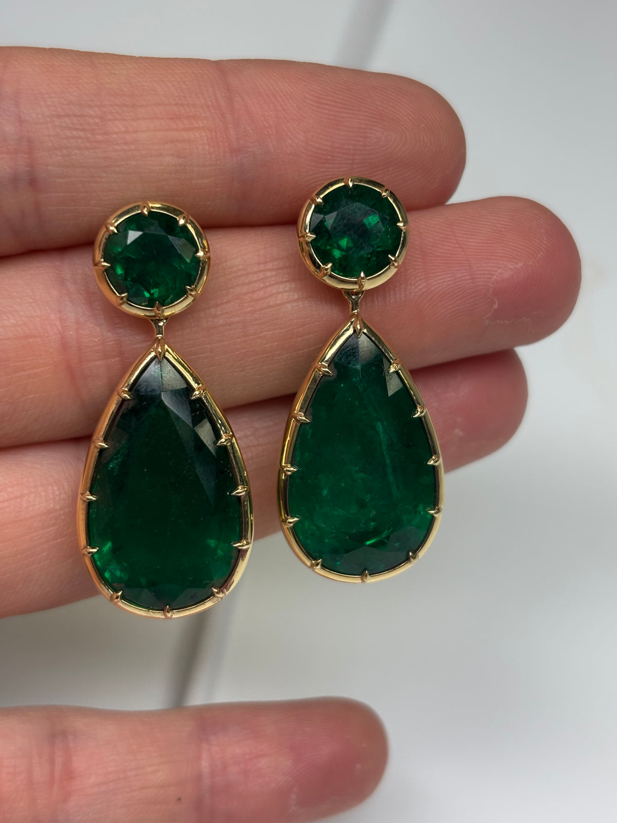 GRS & C. Dunaigre Certified 38.16 CTW Vivid Green Zambian Emerald Detachable Drop Earrings in 18K Yellow Gold