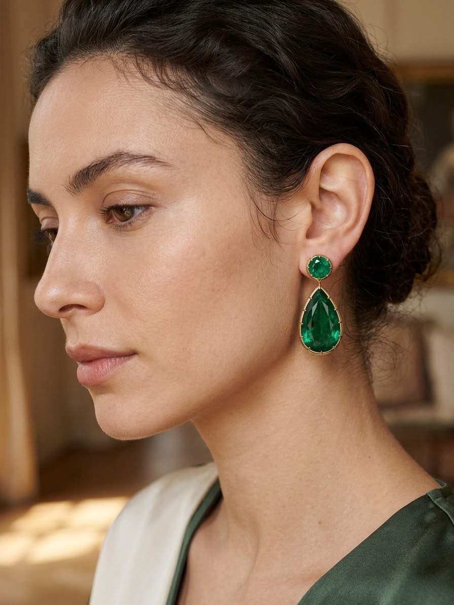 GRS & C. Dunaigre Certified 38.16 CTW Vivid Green Zambian Emerald Detachable Drop Earrings in 18K Yellow Gold