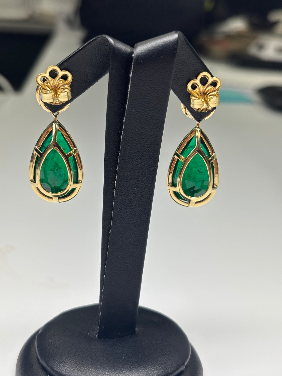 GRS & C. Dunaigre Certified 38.16 CTW Vivid Green Zambian Emerald Detachable Drop Earrings in 18K Yellow Gold