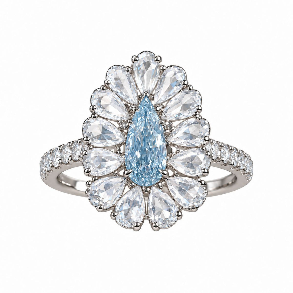 GIA 0.42 Carat Fancy Light Blue Pear Diamond Rose Cut Halo Platinum Ring