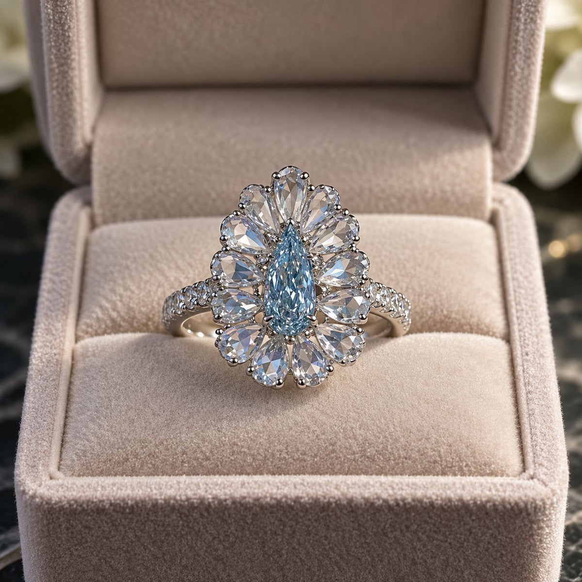 GIA 0.42 Carat Fancy Light Blue Pear Diamond Rose Cut Halo Platinum Ring
