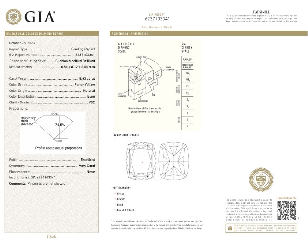 5.03 Carats Fancy Yellow Cushion Cut Diamond Three-Stone Ring