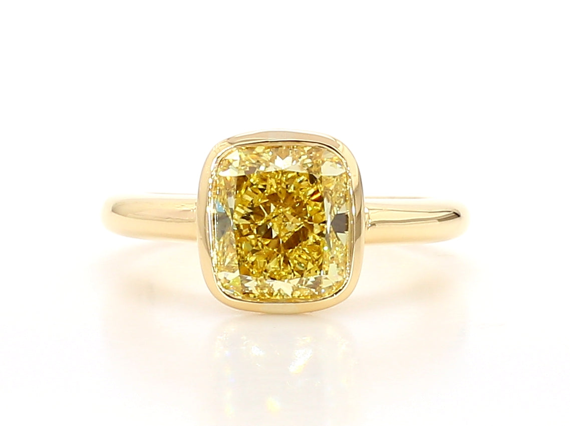 3.09 CT GIA Fancy Intense Yellow Cushion Cut Diamond Bezel Set Ring in 18K Yellow Gold