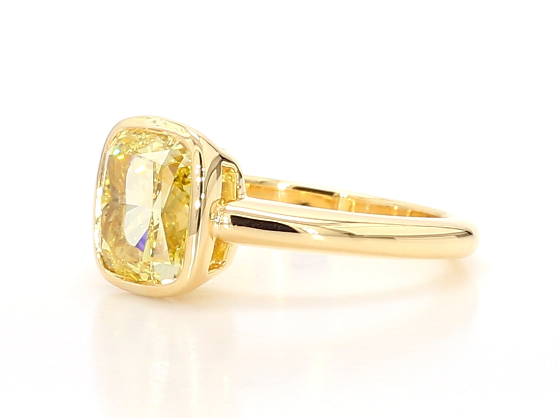 3.09 CT GIA Fancy Intense Yellow Cushion Cut Diamond Bezel Set Ring in 18K Yellow Gold