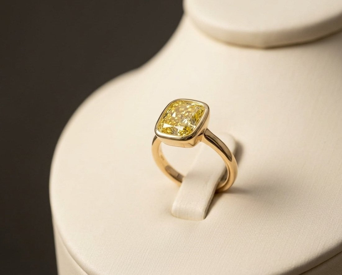 3.09 CT GIA Fancy Intense Yellow Cushion Cut Diamond Bezel Set Ring in 18K Yellow Gold