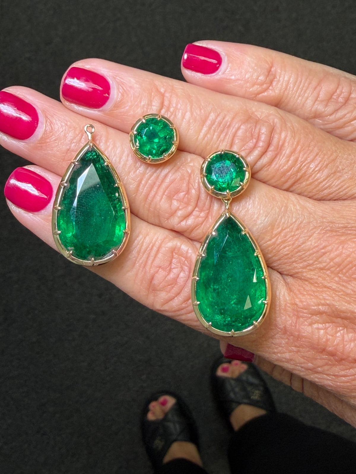 GRS & C. Dunaigre Certified 38.16 CTW Vivid Green Zambian Emerald Detachable Drop Earrings in 18K Yellow Gold