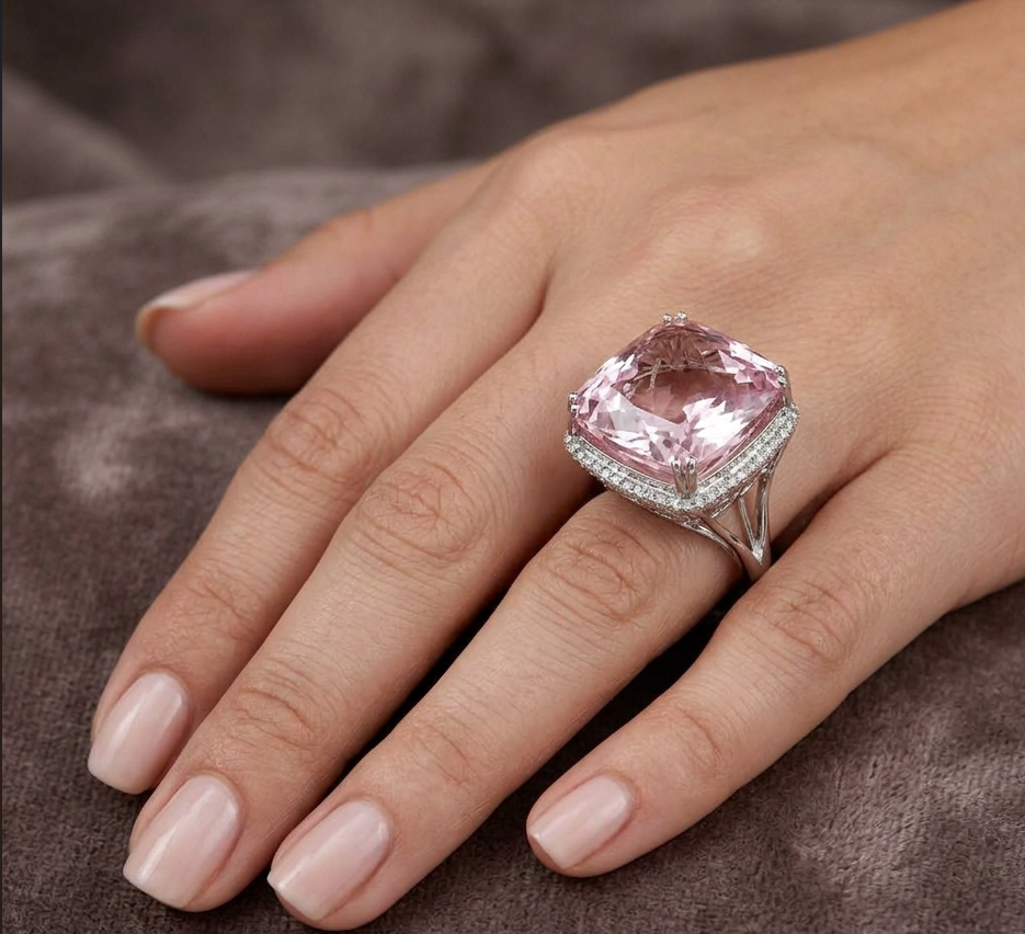41.73 Ct. Pink Kunzite and Natural Diamond Halo Ring, 14K White Gold