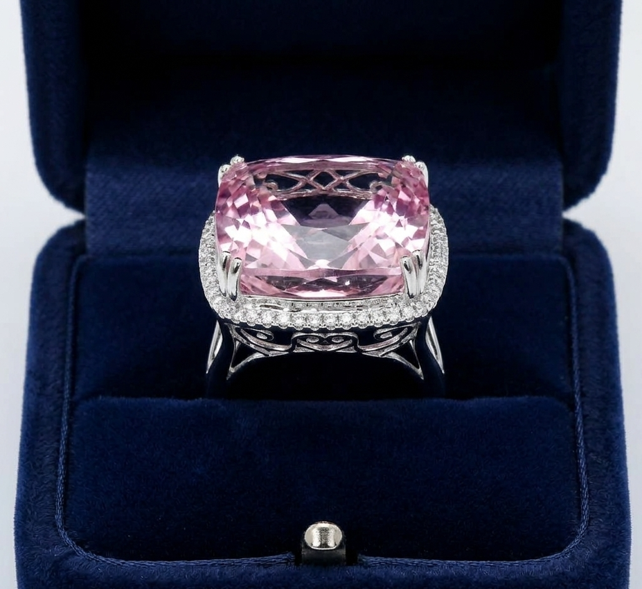 41.73 Ct. Pink Kunzite and Natural Diamond Halo Ring, 14K White Gold