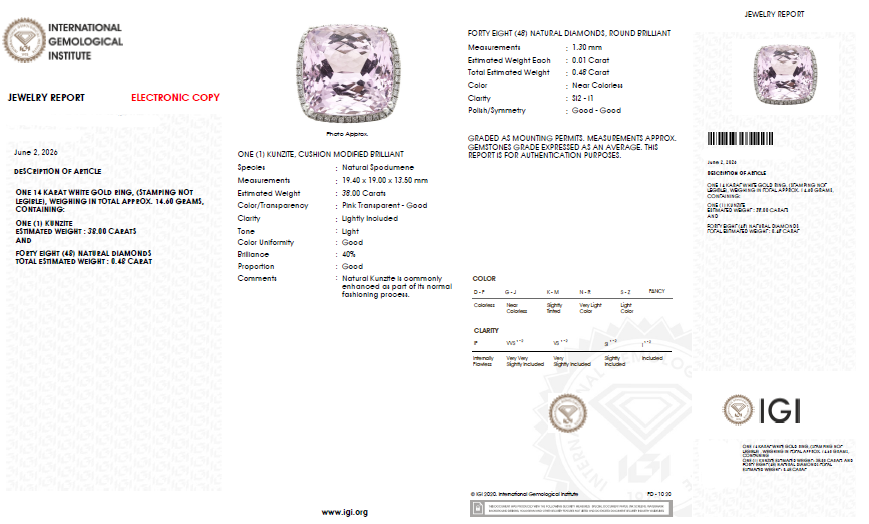 41.73 Ct. Pink Kunzite and Natural Diamond Halo Ring, 14K White Gold