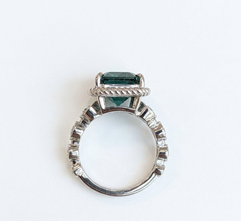 5.21 Ct. Greenish Blue Tourmaline and Natural Diamond Halo Ring, 18K White Gold