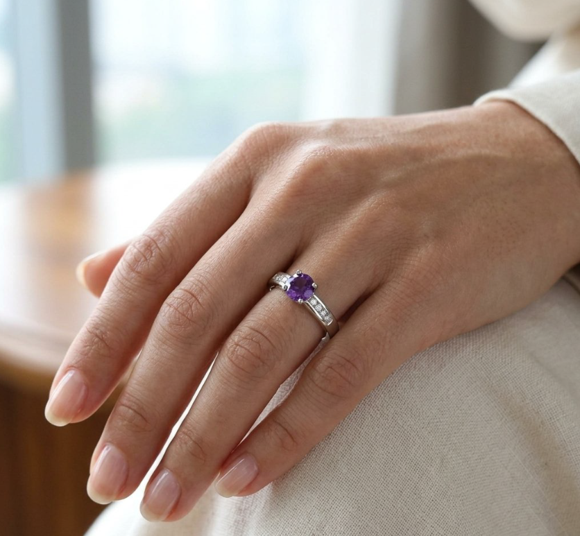 0.42 Ct. Purple Amethyst and Natural Diamond Pave Ring, 14K White Gold