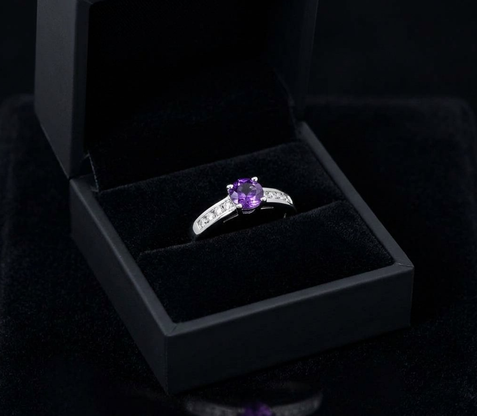 0.42 Ct. Purple Amethyst and Natural Diamond Pave Ring, 14K White Gold