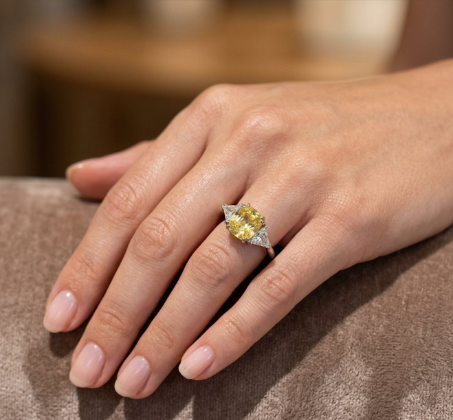 3.70 Ct. Yellow Sapphire and Natural Diamond Three Stone Ring