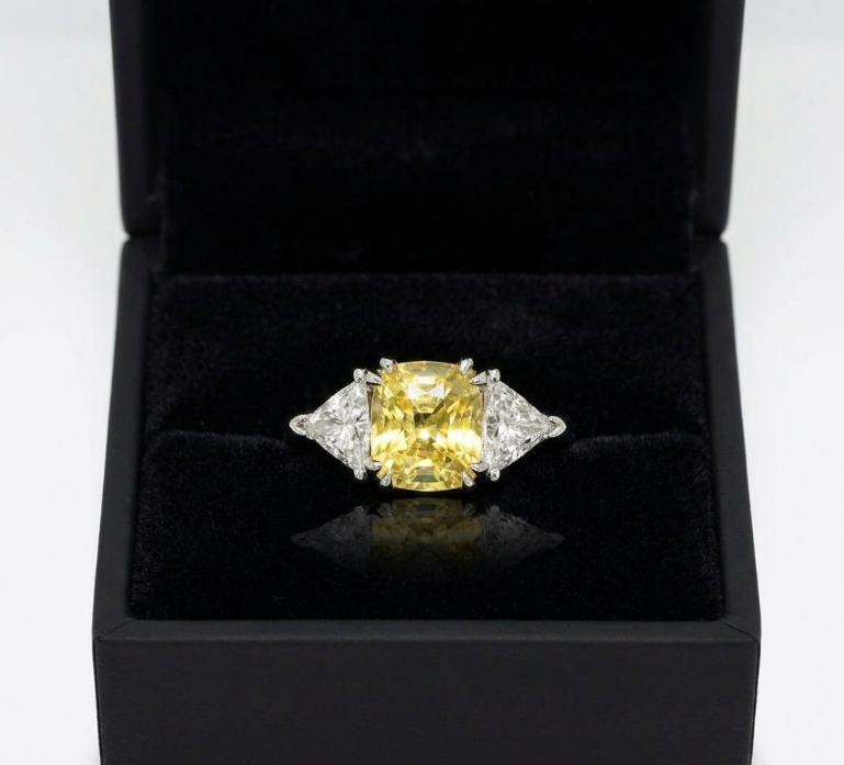 3.70 Ct. Yellow Sapphire and Natural Diamond Three Stone Ring