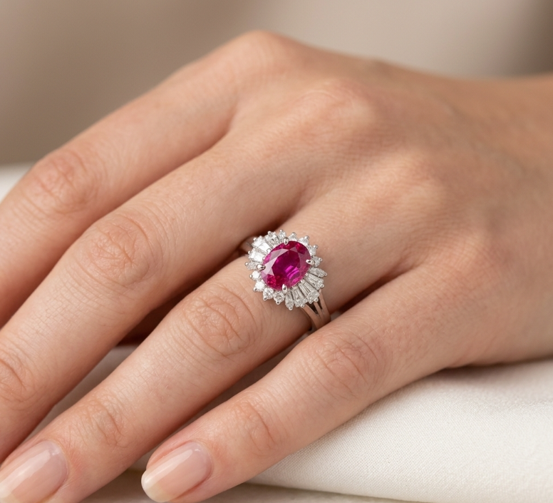 1.01 Ct. Purplish Red Ruby and Natural Diamond Halo Ring