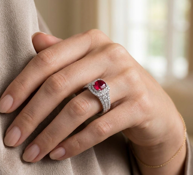1.35 Ct. Ruby and Natural Diamond Pave Ring, 14K White Gold