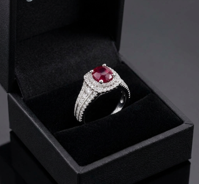 1.35 Ct. Ruby and Natural Diamond Pave Ring, 14K White Gold