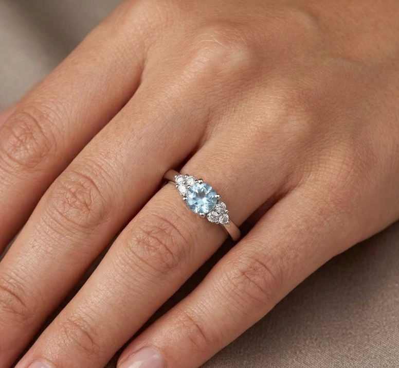 1.74 Ct. Blue Aquamarine and Natural Diamond Three Stone Ring