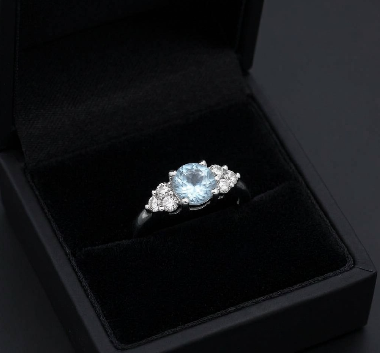 1.74 Ct. Blue Aquamarine and Natural Diamond Three Stone Ring