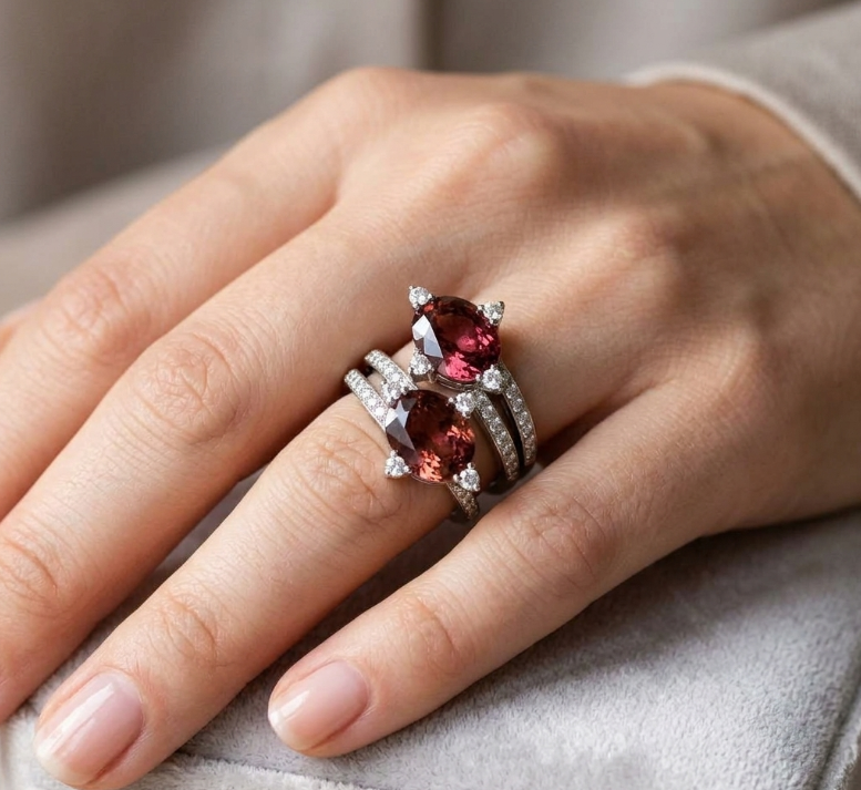 5.00 Ct. Reddish Brown Tourmaline and Natural Diamond Two Stone Ring