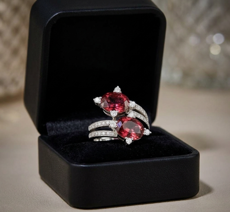 5.00 Ct. Reddish Brown Tourmaline and Natural Diamond Two Stone Ring