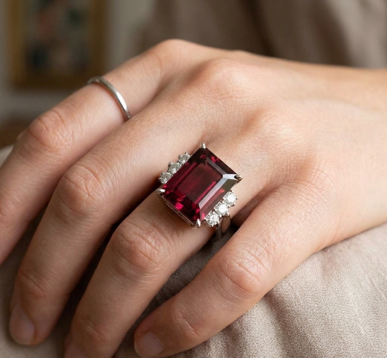 6.70 Ct. Red Garnet and Natural Diamond Pave Ring