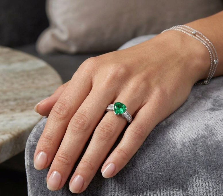 0.96 Ct. Emerald and Natural Diamond Pave Ring