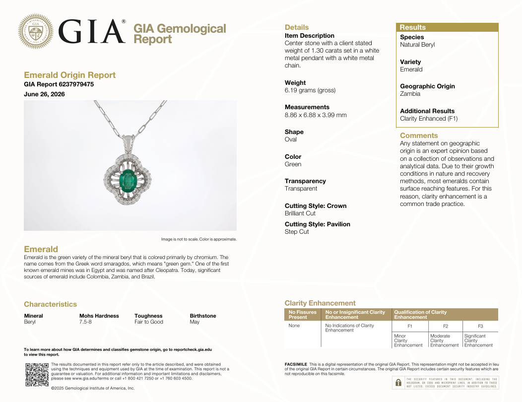 1.30 Ct. Emerald and Natural Diamond Pave Pendant, 14K White Gold