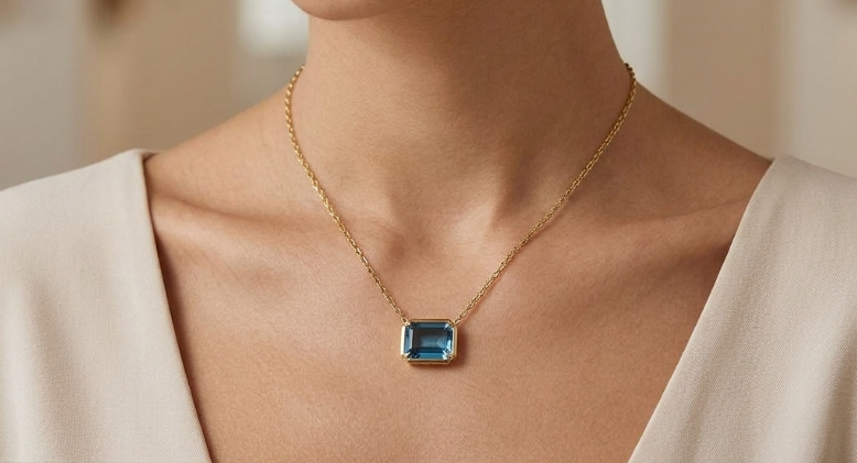 7.80 Ct. Blue Aquamarine Bezel Necklace, 14K Yellow Gold