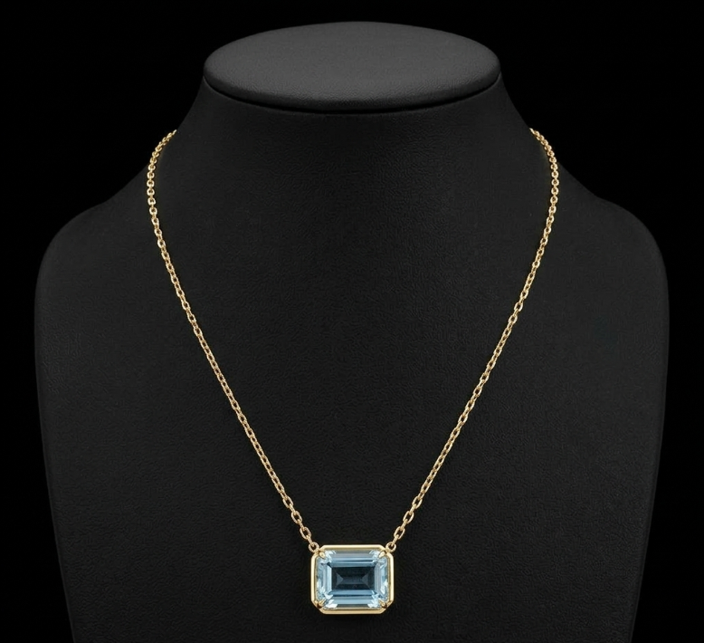 7.80 Ct. Blue Aquamarine Bezel Necklace, 14K Yellow Gold