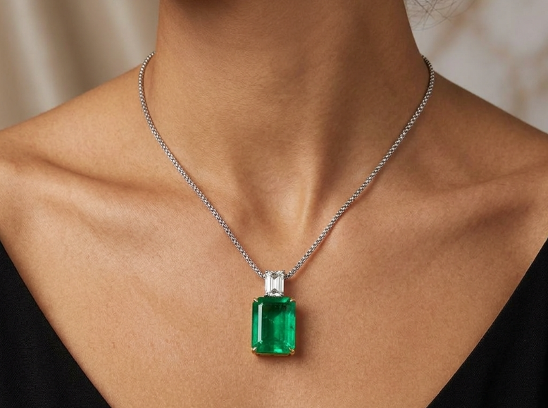 13.60 Ct. Emerald and Natural Diamond Accent Stones Pendant, 18K Yellow & White