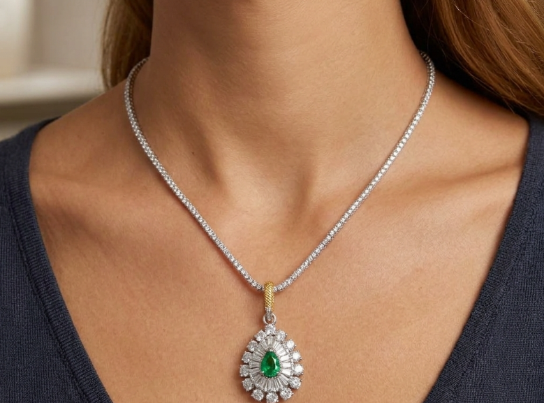 0.75 Ct. Emerald and Natural Diamond Pave Pendant, Platinum & 14K Yellow