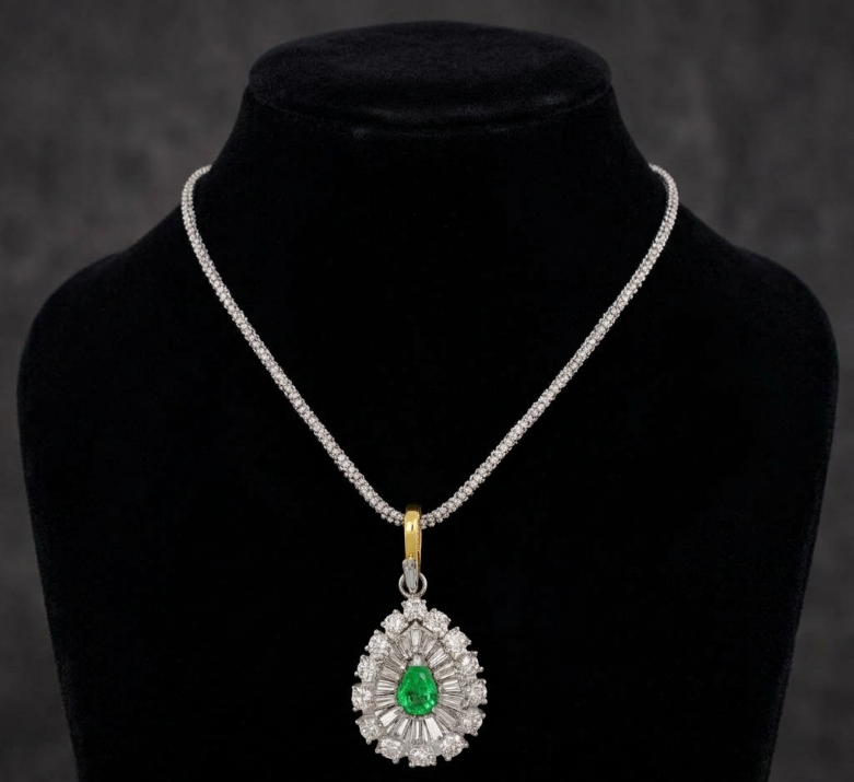 0.75 Ct. Emerald and Natural Diamond Pave Pendant, Platinum & 14K Yellow