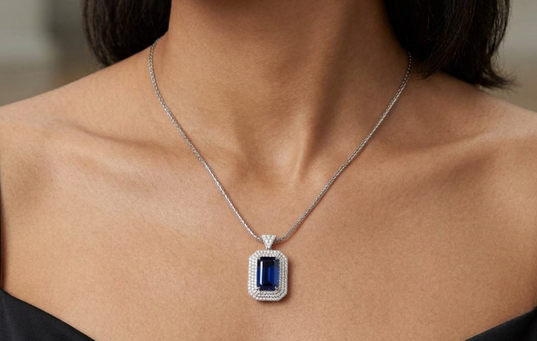 19.46 Ct. Greenish Blue Sapphire and Natural Diamond Pave Pendant, 18K White Gold