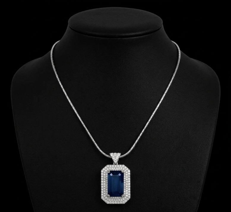 19.46 Ct. Greenish Blue Sapphire and Natural Diamond Pave Pendant, 18K White Gold
