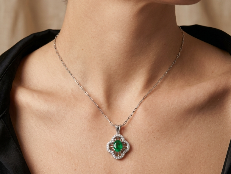 1.30 Ct. Emerald and Natural Diamond Pave Pendant, 14K White Gold