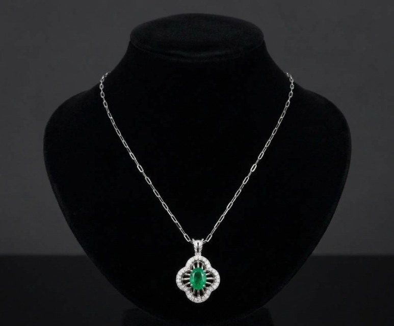 1.30 Ct. Emerald and Natural Diamond Pave Pendant, 14K White Gold