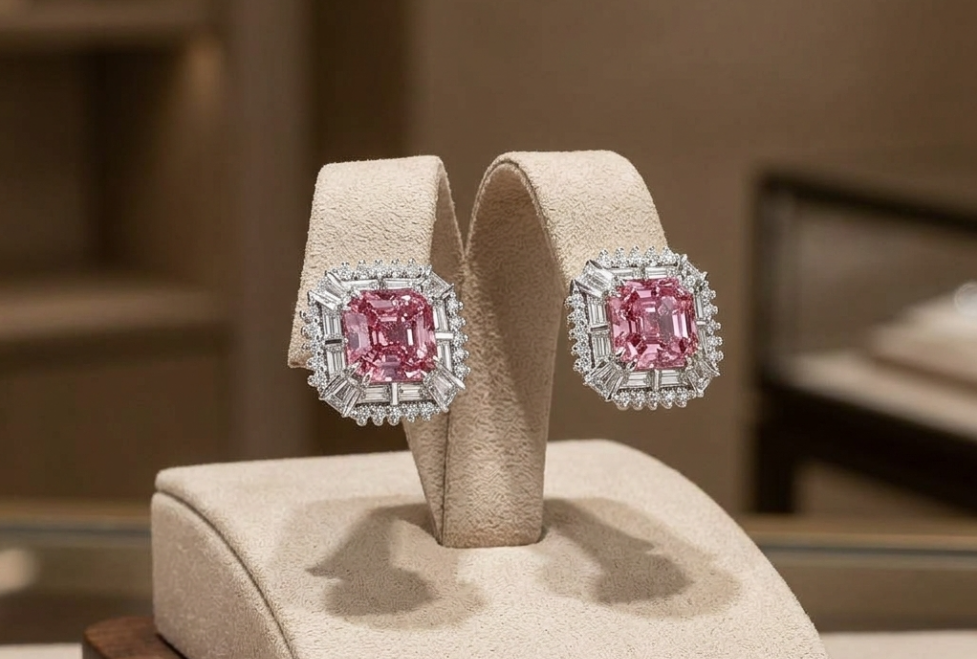 3.50 Ct. Pink Spinel and Natural Diamond Studs Earrings, 18K White Gold
