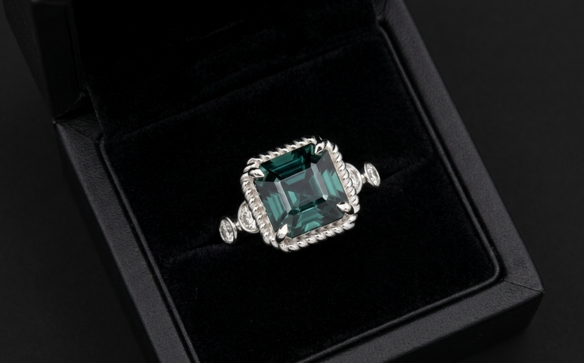 5.21 Ct. Greenish Blue Tourmaline and Natural Diamond Halo Ring, 18K White Gold