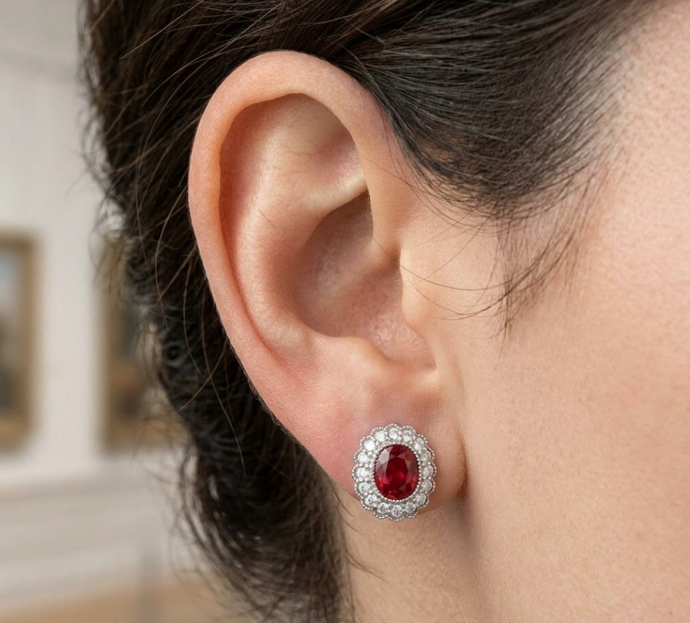 2.93 Carat Total Weight Oval Ruby and Diamond Halo Stud Earrings in Platinum, detail
