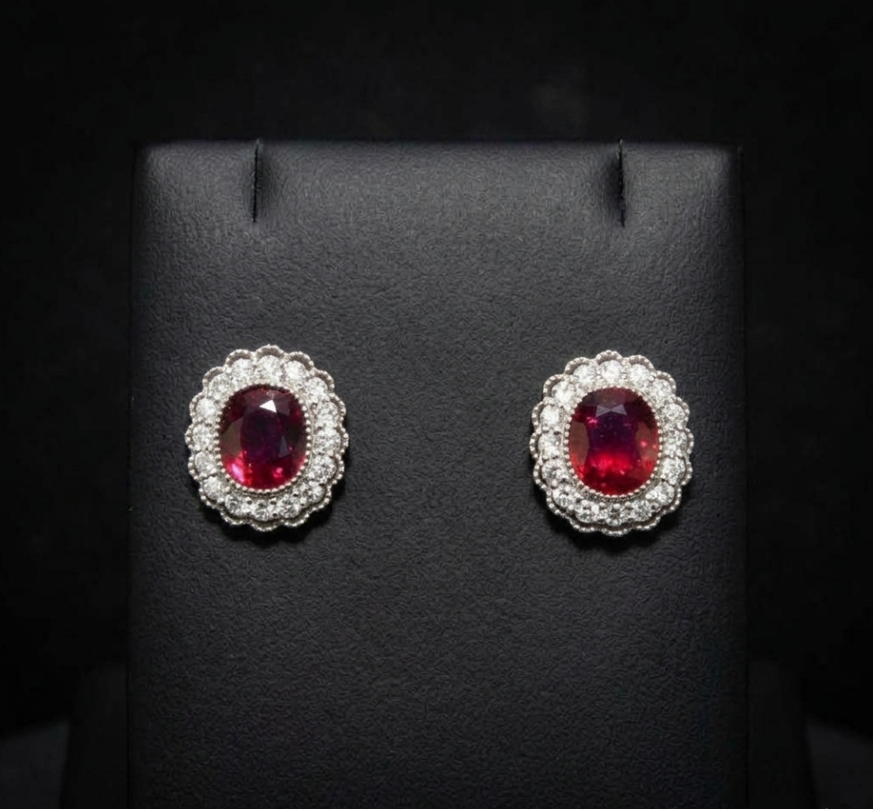 2.93 Carat Total Weight Oval Ruby and Diamond Halo Stud Earrings in Platinum, detail