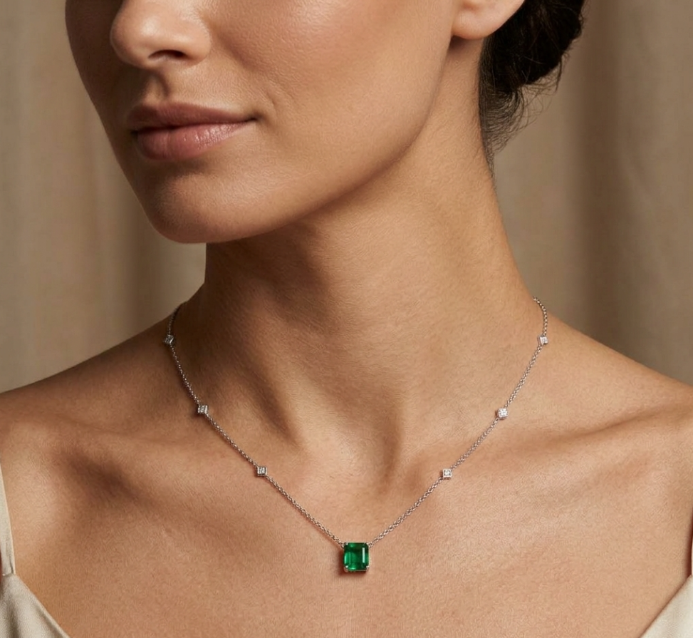 2.01ctw Asscher Cut Emerald and Princess Diamond Station Necklace