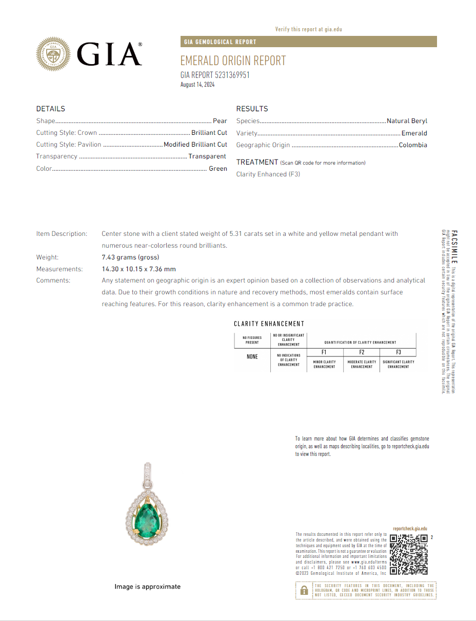5.31ctw Colombian Pear Shape Emerald and Diamond Scalloped Halo Pendant Necklace