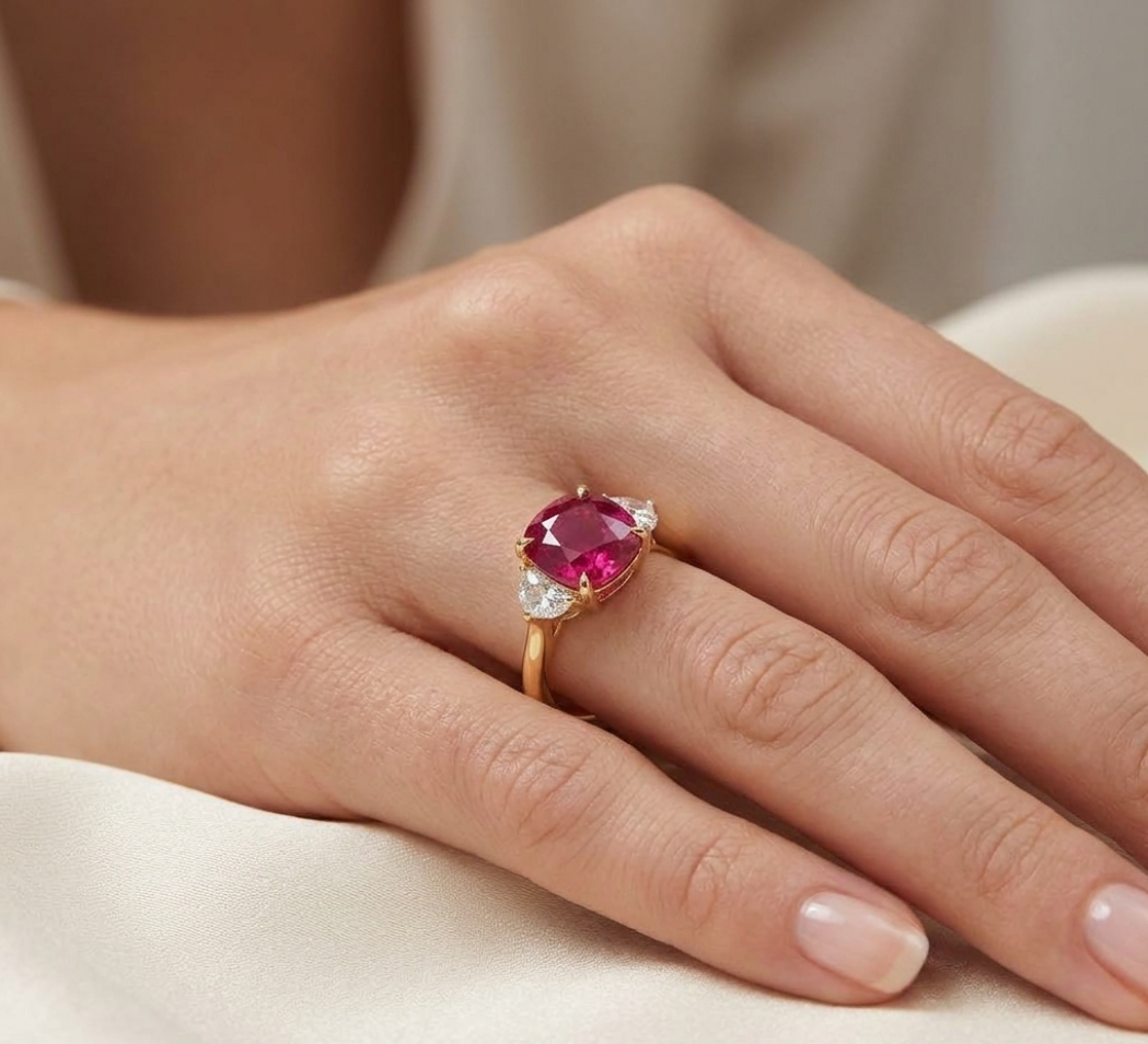 GIA-Certified 3.13ctw Cushion Cut Thailand Ruby and 0.68ctw Half Moon Diamond Three-Stone Ring